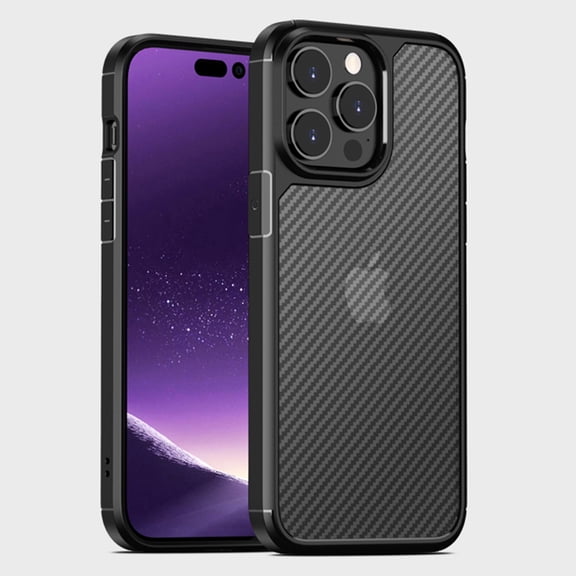 Frosted Case for iPhone 14 Pro Max, Carbon Fiber Translucent Wireless Charging Cover with Soft Silicone Military Grade Shockproof Anti-Fingerprints Skin-Frinedly Case, Black