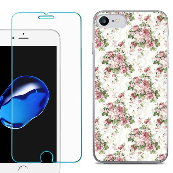 For Apple iPhone 7 / iPhone 8 Case, Slim-Fit TPU Phone Case, with Tempered Glass Screen Protector, by OneToughShield ® - Floral/Rose