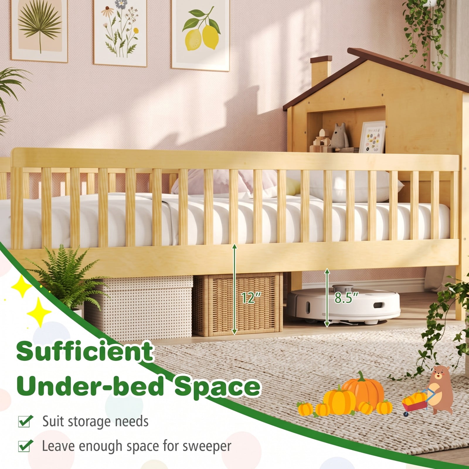 Furnibear Full Size Bed Frame Kids Montessori Floor Bed with House Headboard, Storage Shelf and Full-Length Guardrails, Natural