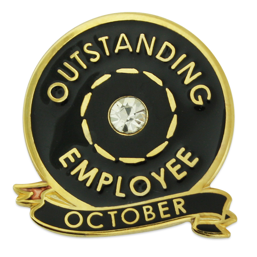 Gold Outstanding Employee of the Month October w/ Rhinestone Lapel Pin