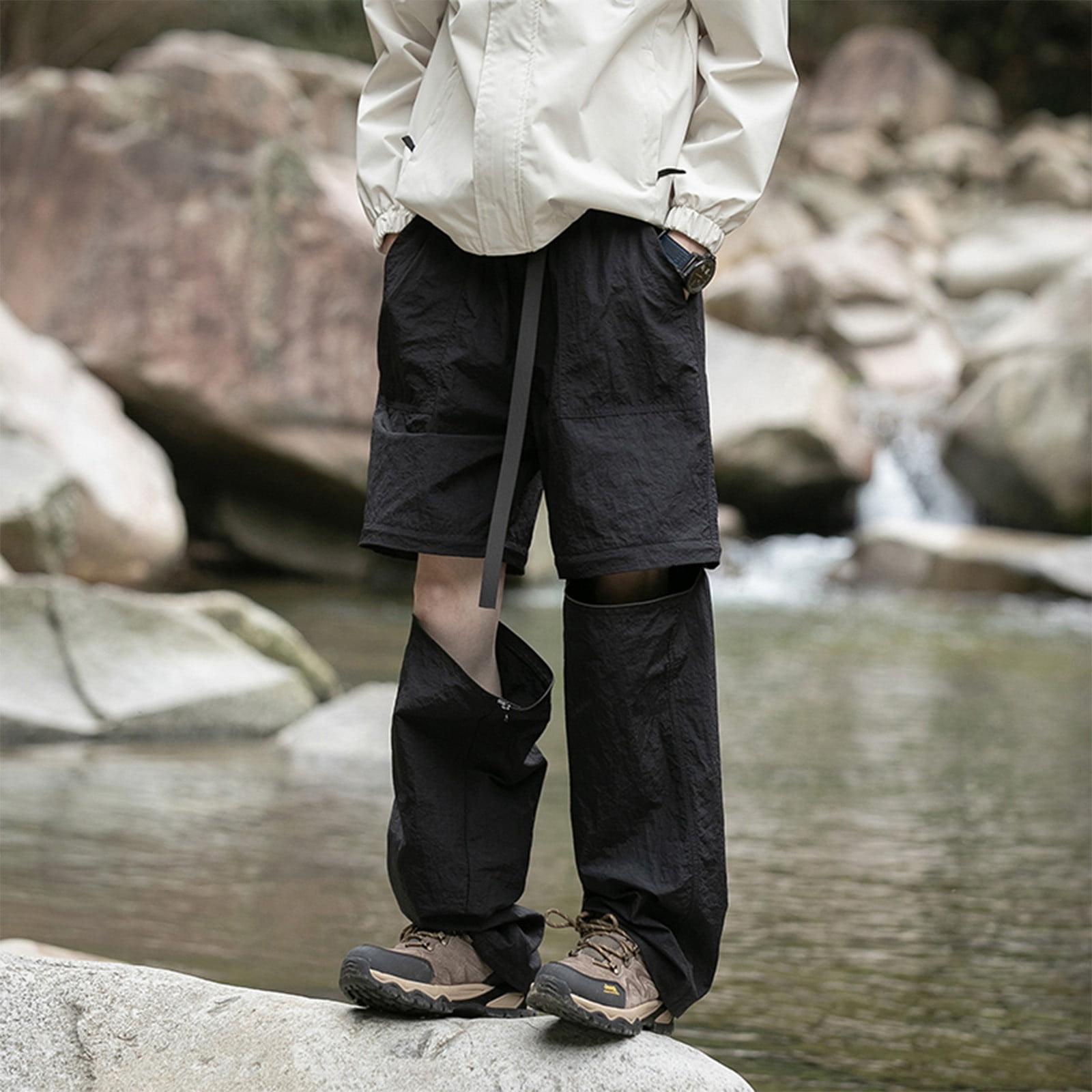 【YOURNUS】Two-Tuck Bermuda Cargo Pants HOOMEUMY Men's Convertible Hiking Pants Zipper Shorts