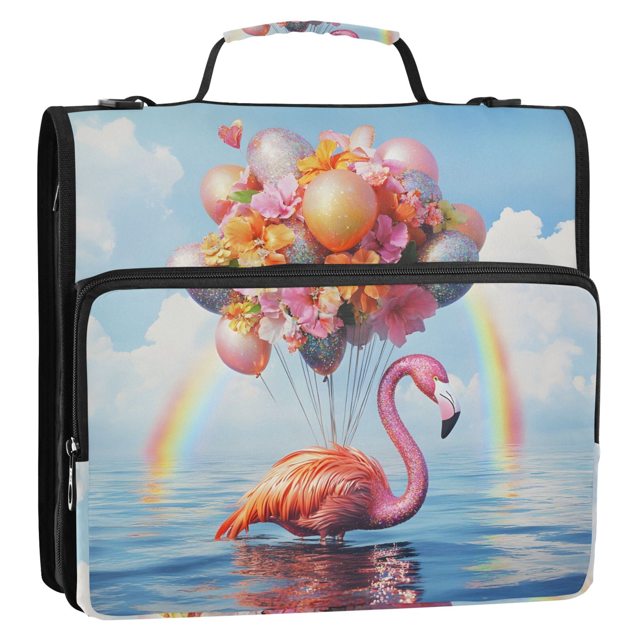 3 Ring Zipper Binder with Shoulder Strap Waterproof Trapper Keeper 2 Inch D-Ring 500 Sheets Capacity Flamingo Balloon Rainbow