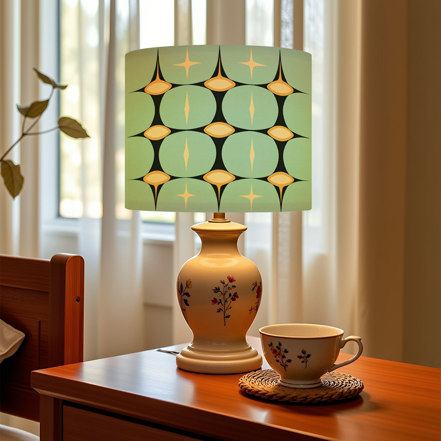 Linen Drum Lampshades Mid Century Vintage 1950s Modern Retro Atomic Geometric Lattice Star 13"x13"x10" Light Shade for Table Lamps Drum Lamp Shades Lampshade Replacement Assembly Required