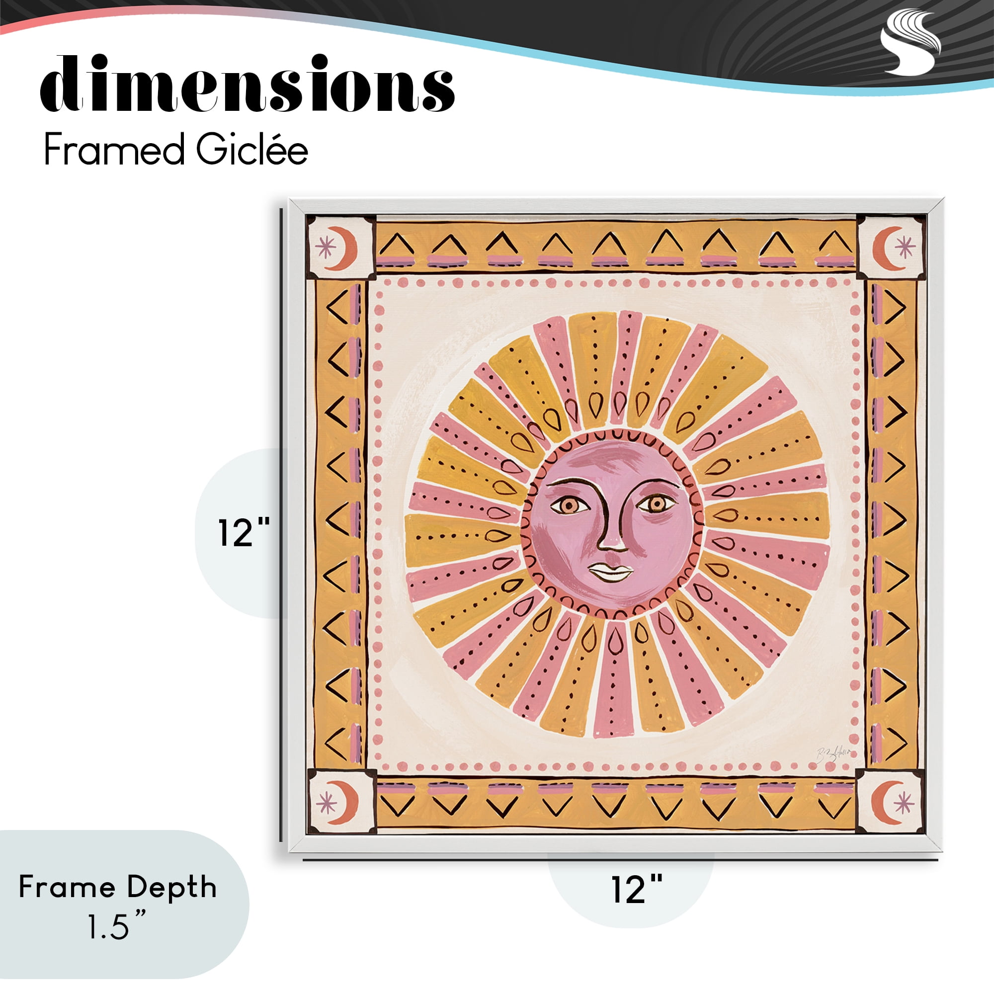 Stupell Industries Pink Sun Face with Geometric Border White Framed Giclee Art, design by Two If By Sea Studios