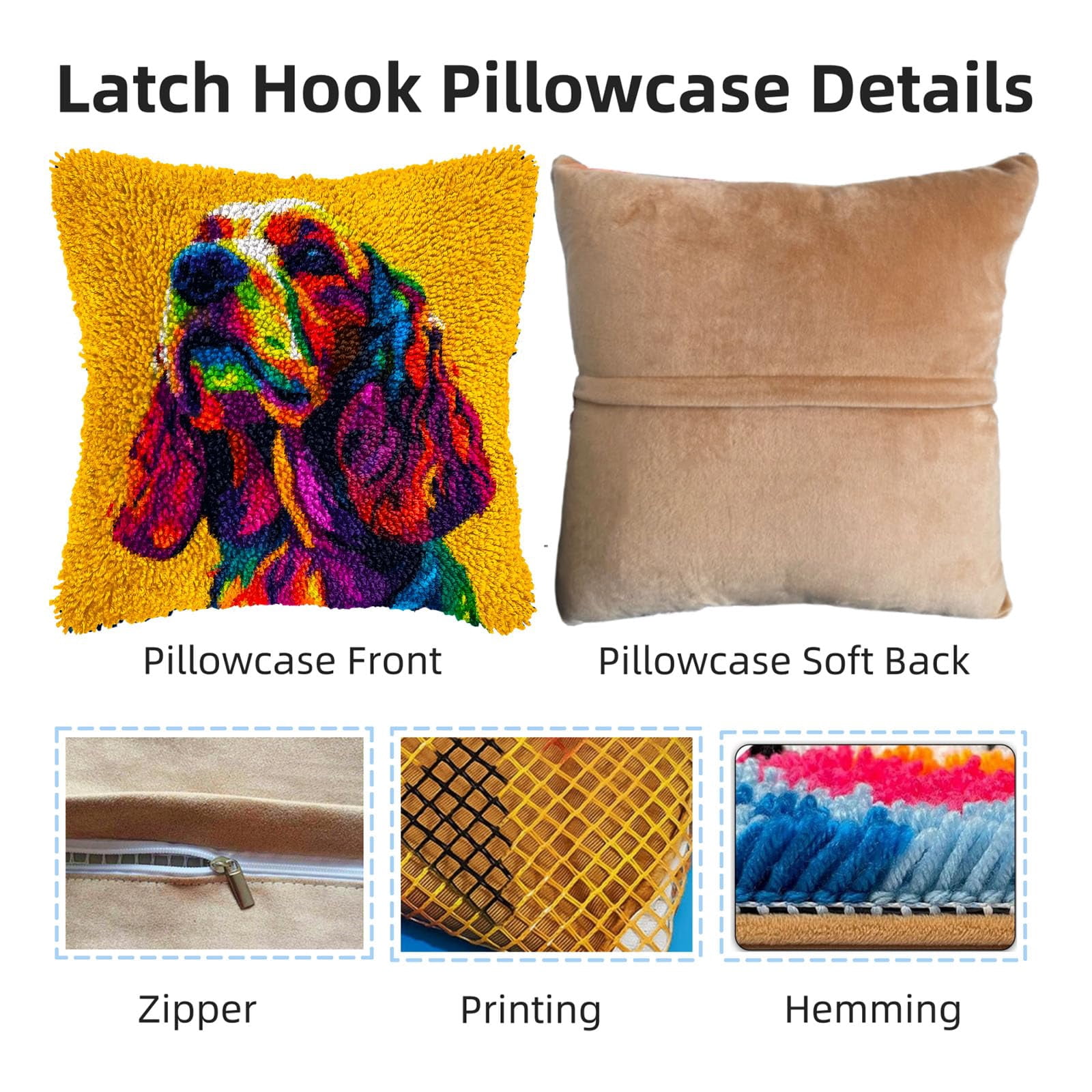 Colorful Cocker Dog DIY Latch Hook Pillow Kits for Adults Printed Pillowcase Crochet Yarns Hooking Handmade Pillow Cover Cushion for Home Sofa Decoration 17x17inch
