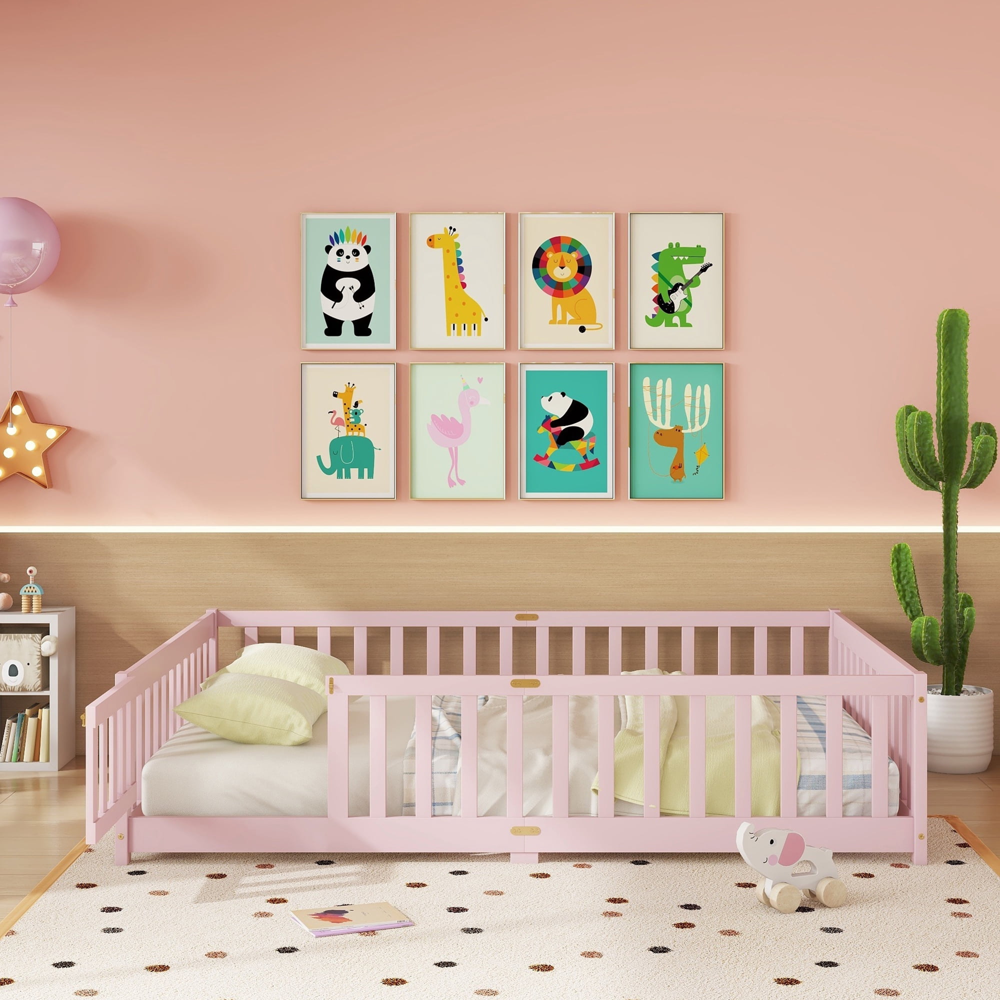 Alvantor Full Size Montessori Floor Bed for Kids with Door and Fence, Rubber Wood Toddler Platform Bed Frame, No Box Spring Needed, Pink