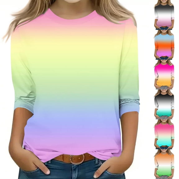 THDHVS Toddler Long Sleeve Shirt,Girls Tops,Kids Ombre Print 3/4 Sleeve Tee Casual Pullover Mint Green 4-5 Years