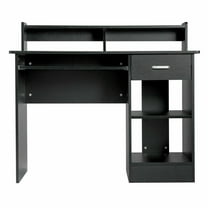REKHH Home Office Wood Computer Desk with Drawers and Pull-Out Keyboard Tray, Study Writing Desk PC Laptop Table with Hutch and Storage Shelves, Modern Workstation, Black