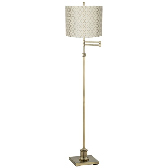 360 Lighting Swing Arm Floor Lamp Adjustable Height 70" Tall Antique Brass Off White Embroidered Hourglass Fabric Drum Shade Living Room