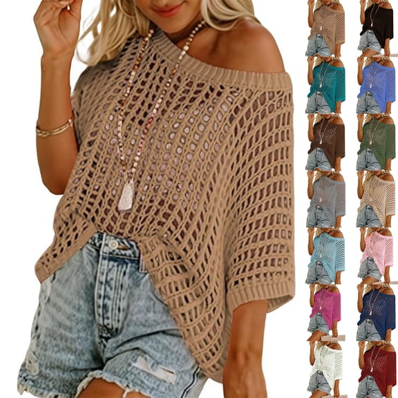 WHEANG 2026 Fashion Crochet Tops for Women Lightweight Oversized Pullover Tops Breathable Knit Hollow Out Off Shoulder Short Sleeve Casual Summer Swim Cover Up(Color Beige Size XL)