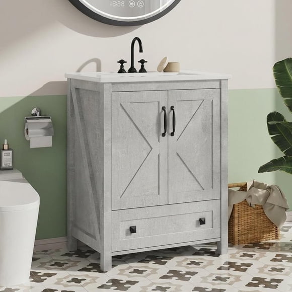 BeesClover 24 Inch Bathroom Vanity with Sink, Modern Freestanding Bathroom Storage Cabinet with Ceramic Vessel Sink, Wood Vanity with Soft-Close Door& Large Storage Drawer