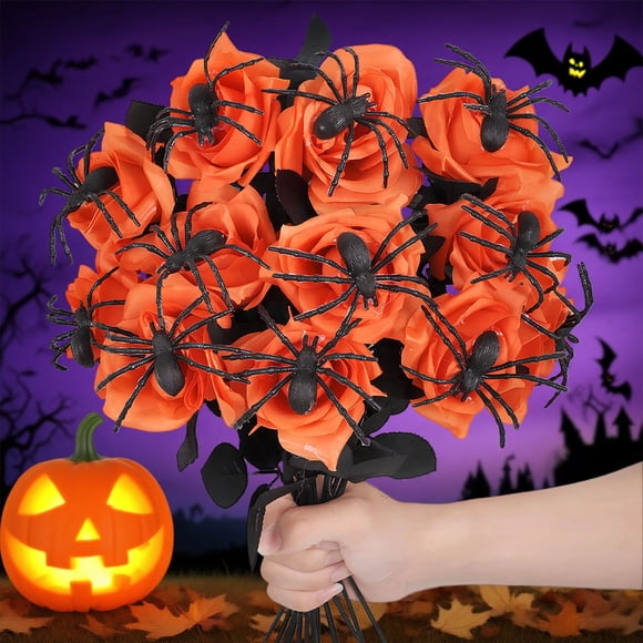 Halloween Rose Artificial Flowers with Realistic Creepy Crawlers | Halloween Decorations Horror Props Cuttings | Spooky Orange Black Red Purple Floral for s Parties