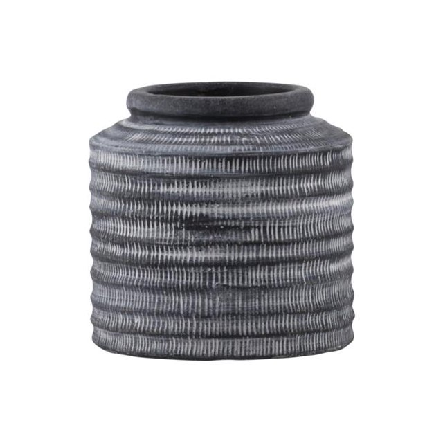 Benjara BM208722 Pot de Ciment Rond avec Bordure Bandelée Bouche & Motif Nervuré&44; Gris - Grand