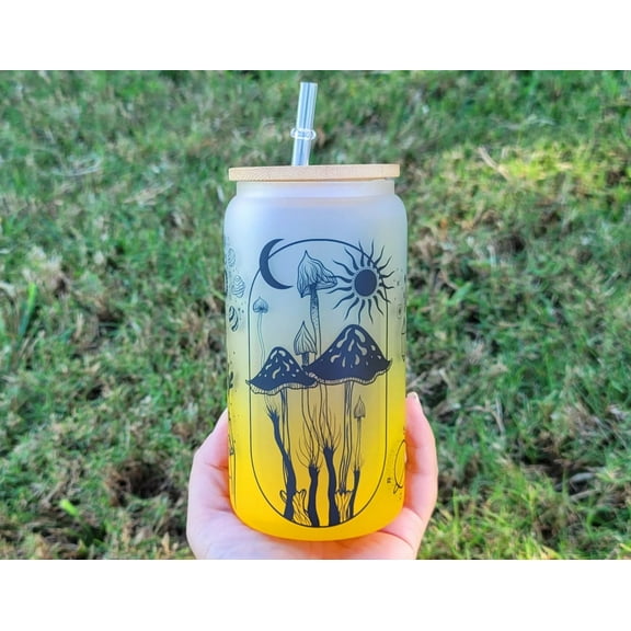 Mushroom Beer Can Glass | Boho Mushroom Coffee Glass | Aesthetic Coffee Glass | 16 oz