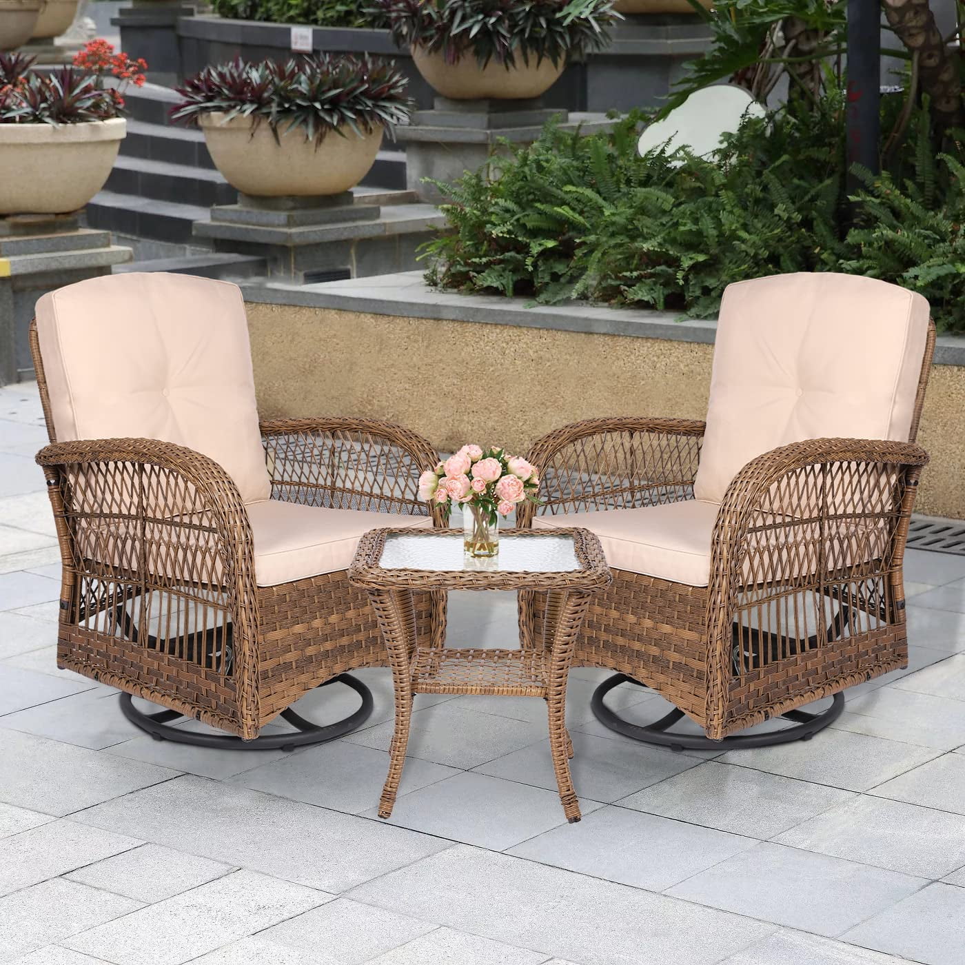 MEETWARM 3 Pieces Outdoor Wicker Swivel Rocker Patio Set, Rocking