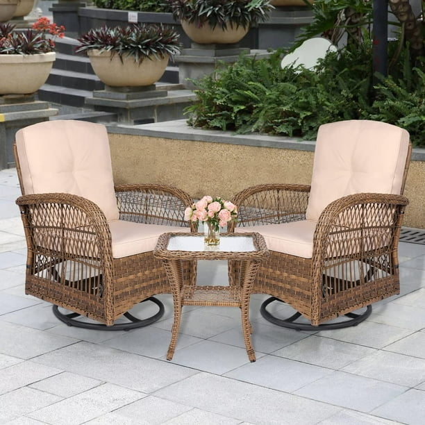 MEETWARM 3 Pieces Outdoor Wicker Swivel Rocker Patio Set, Rocking