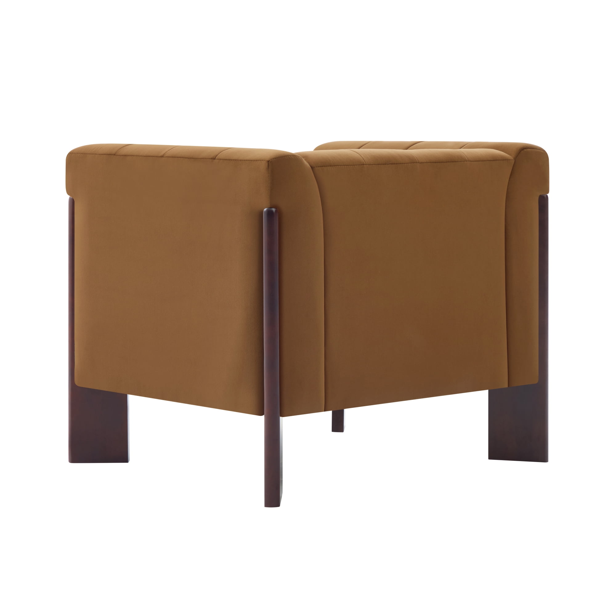 Leumius Modern Accent Chair, Velvet Single Sofa Chair with Tight Back, Round Arms, Vertical Channel Tufted Back and Walnut Rubber Wood Legs for Living Room, Bedroom or Reading Corner, Brown