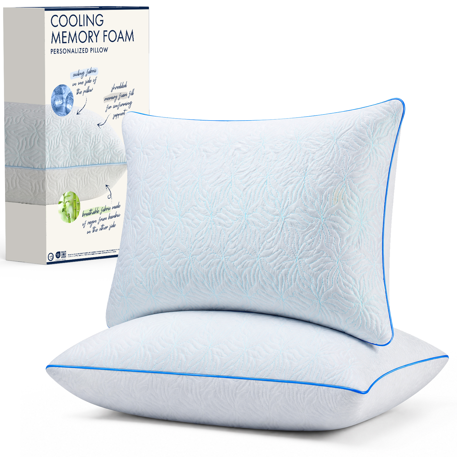 Shredded Memory Foam Pillow Queen Size Set of 2, Cooling Bed Pillows for Hot Sleepers, Firm, Supportive and Breathable Bed Pillows for Side Back Stomach Sleepers