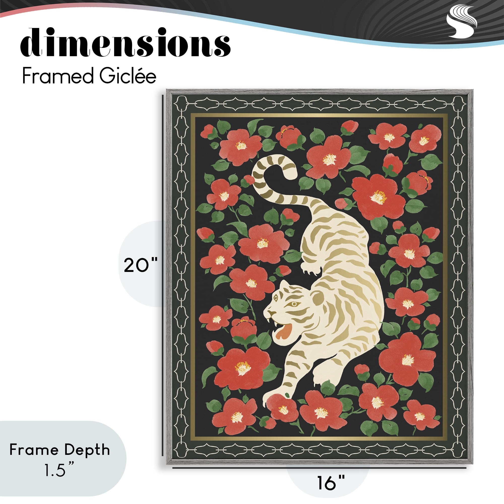 Stupell Industries Ivory Tiger Among Camelias Gray Framed Giclee Art, design by Karolina Sato