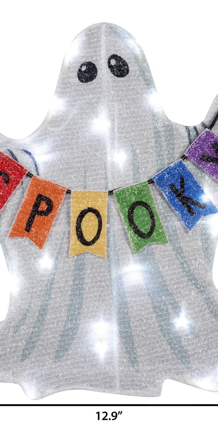 Chevalet de décoration de jardin illuminé Halloween de 18 po avec bannière (blanc)