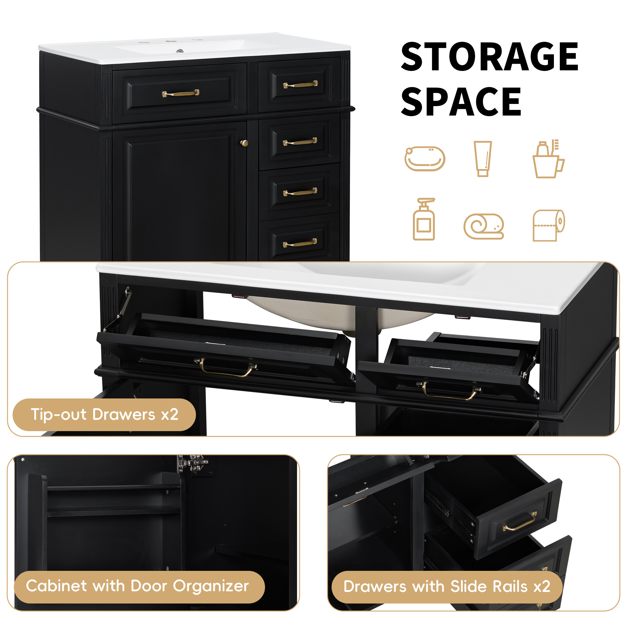 Euroco 36-Inch Bathroom Vanity with Ceramic Sink Top, Solid Wood Frame and MDF Cabinet, Flip Drawer Design with Adjustable Shelf and Metal Handles, Freestanding Bathroom Storage Cabinet