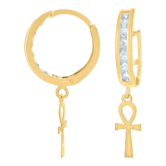 10K Yellow Gold Mens Cubic-Zirconia Ankh Cross Dangle Hoop Earrings
