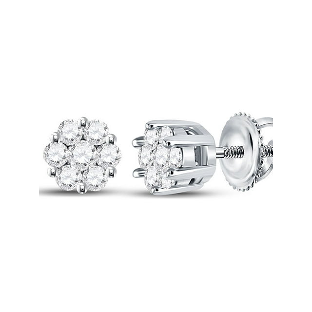 14kt White Gold Womens Round Diamond Flower Cluster Earrings 1/4 Cttw