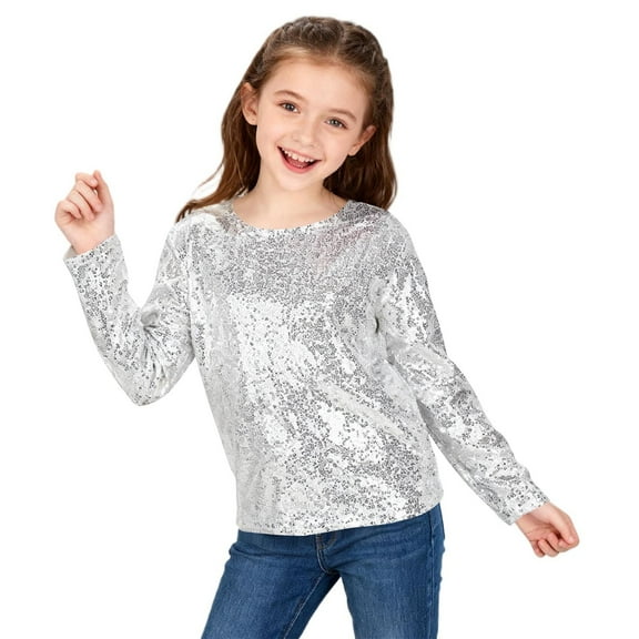 Cethrio Girls Long Sleeve Tops Size 10-12, Dancing Crew Neck Party Pullover Sequin Clothes Silver