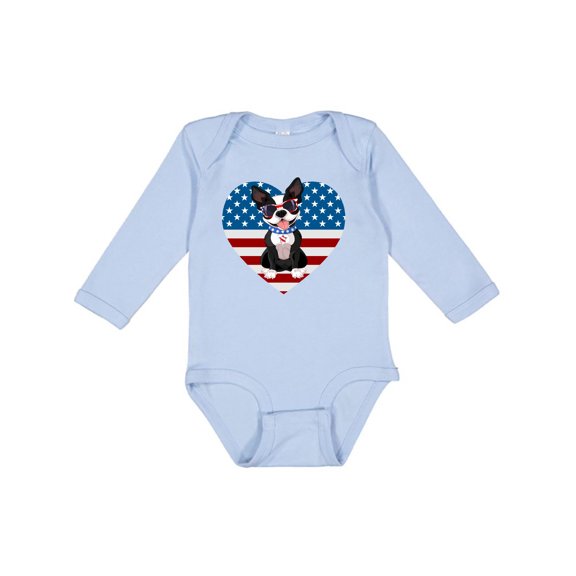 Inktastic Boston Terrier Dog US Flag July 4th Boys or Girls Long Sleeve Baby Bodysuit