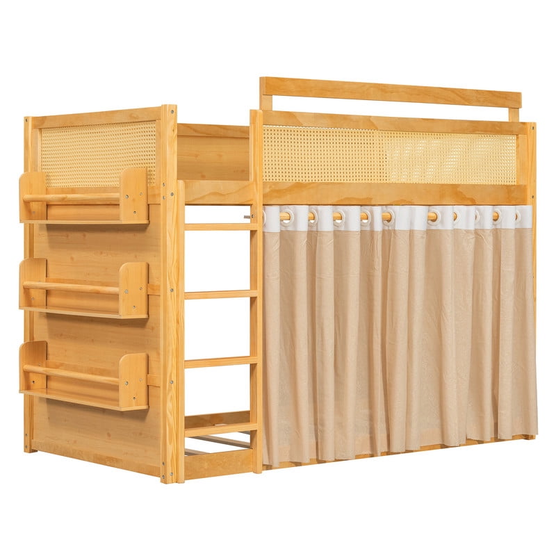 Twin Size Bunk Bed with 3-Tier Storage Shelf, Rattan-Style Design, Privacy Curtains and Built-In Light Strip, Modern Wood Twin Over Twin Bunk Bed Frame with Ladder for Kids Teens