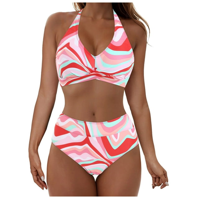 Conjunto de Bikini de Cintura Alta para las Mujeres Control Del Vientre de 2 Piezas Estampado Tropical Hawaiano, Baño Cami Sujetador con Volantes