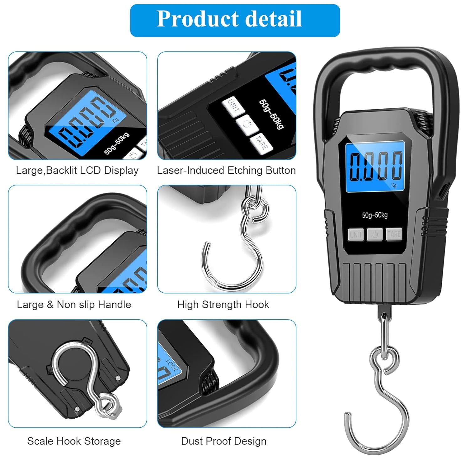 Balance de pêche étanche avec règle, pèse-bagages, pèse-personne, écran LCD rétroéclairé (110 lb