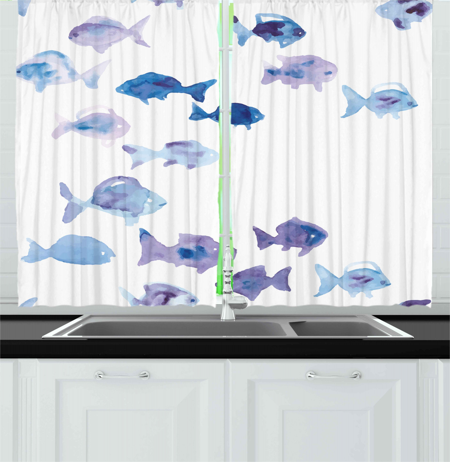Animal Curtains 2 Panels Set, Cute Little Fishes Watercolors Ocean