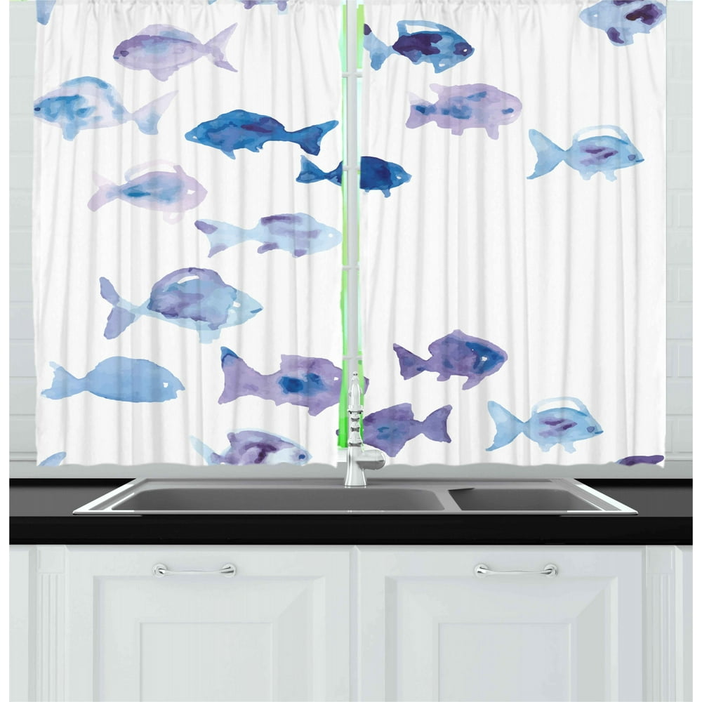 Animal Curtains 2 Panels Set, Cute Little Fishes Watercolors Ocean