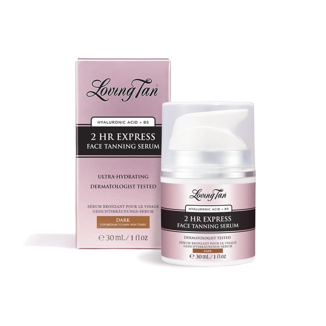Loving Tan - NUEVO suero bronceador facial exprés de 2 horas, oscuro - Autobronceador hidratante sin sol con brillo natural, probado por dermatólogos, ligero, con DHA de origen natural, vegano y sin c
