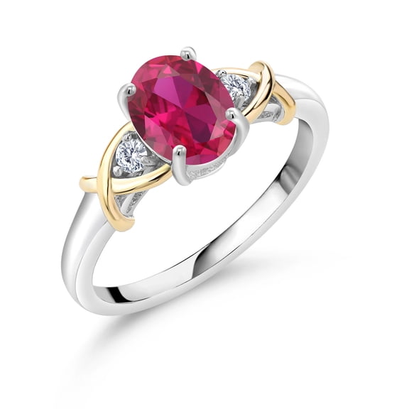 Gem Stone King 10K Yellow Gold and 925 Sterling Silver Red Created Ruby and White Lab Grown Diamond Ring for Women | 1.43 Cttw | Oval 8X6MM | Size 9