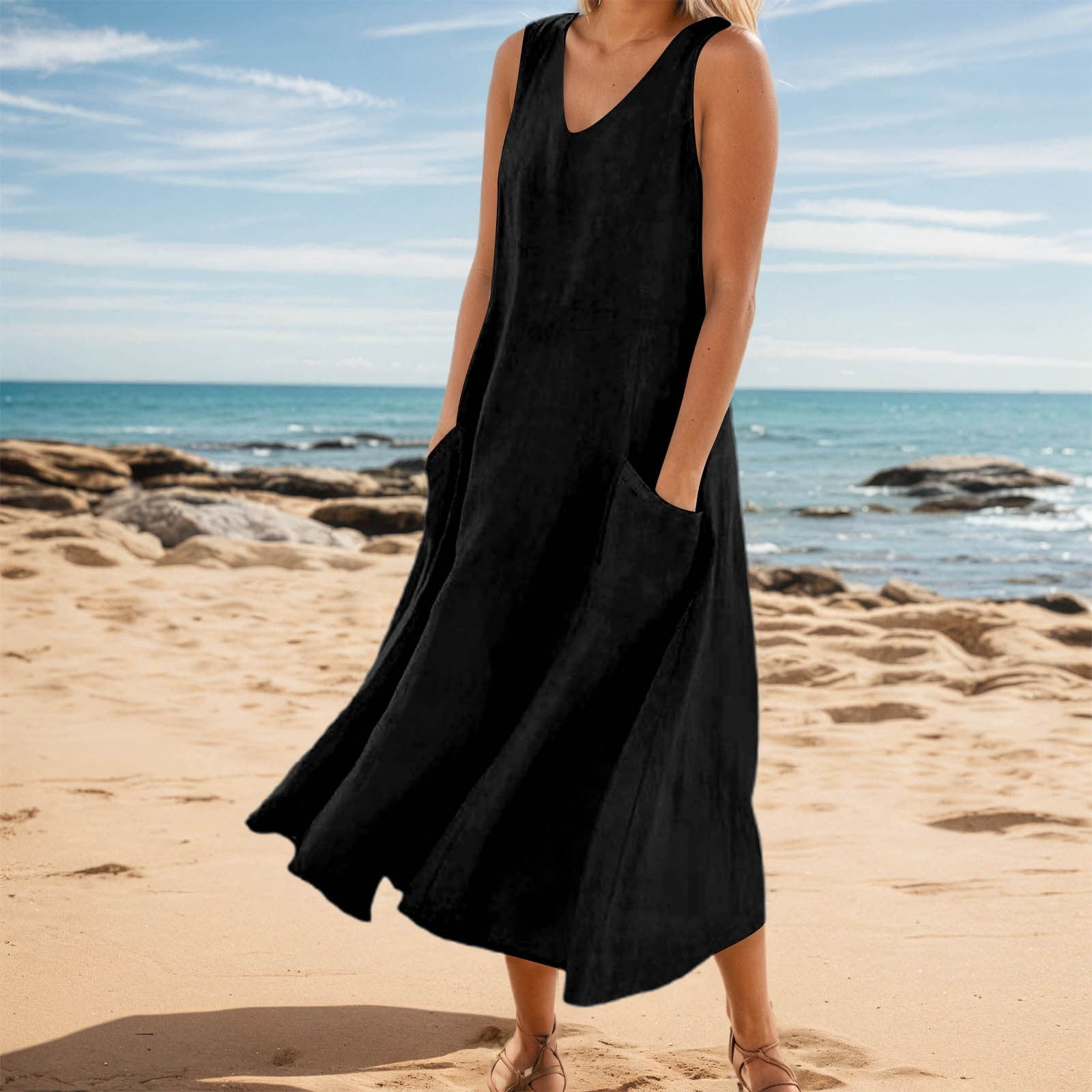 Jamsmile Womens Dress Summer Solid Color Sleeveless Elegant Loose Fit Casual Maxi Dresses With Pockets Daily Tshirts HolidaySundress