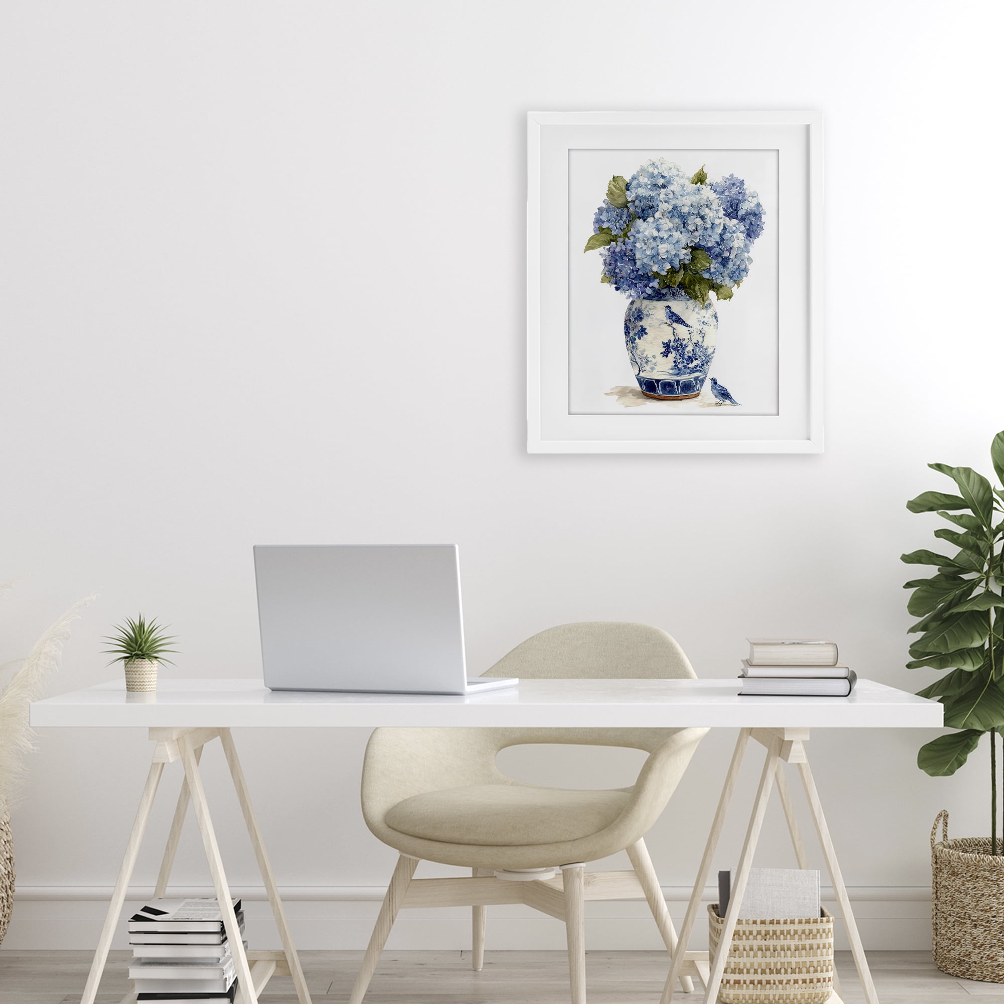 Stupell Industries Blue Bird & Hydrangea Vase White Framed Print Under Glass, design by Imagine It Images