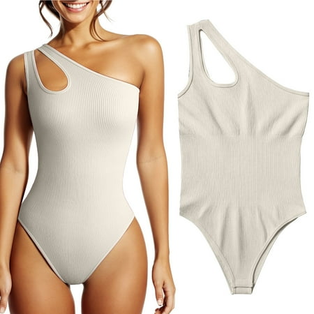Fsqjgq Jumpsuits for Women White Playsuit Fashion Maternity Overalls 1 Piece Bodysuits Ribbed Sleeveless One Shoulder Tank Tops Exercise Bodysuits Summer Dress XL