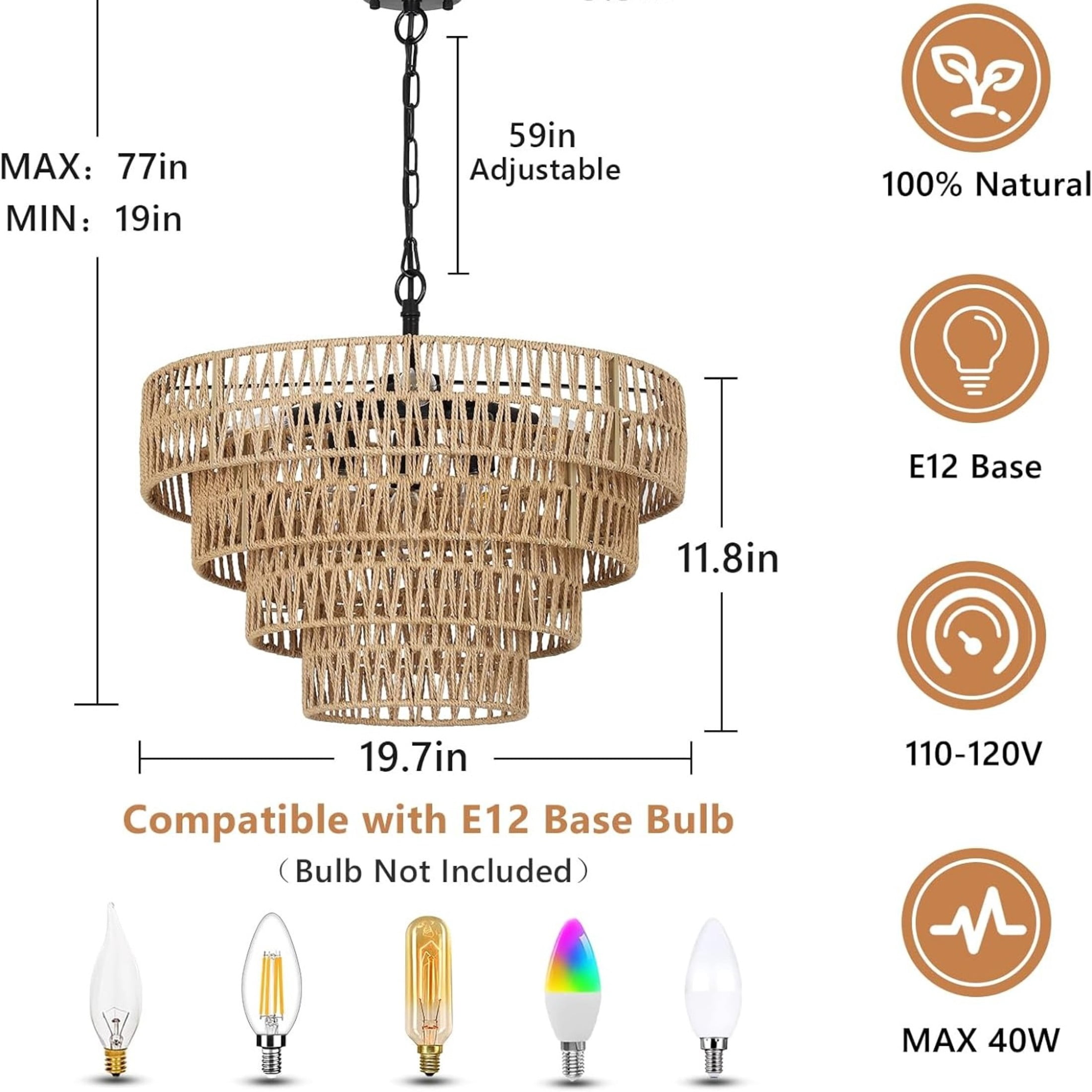 Noble House 20" Boho Adjustable Rattan Chandelier, 6-Light Farmhouse Pendant, 4-Tier Woven Shade, E12 Dimmable, Black