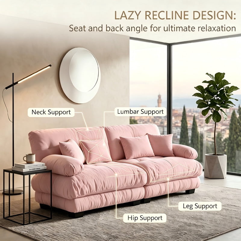 ANPPORT Cloud Couch Sleeper Sofa, Chenille Pink 2-Seater Modular Sofa, 2 Lumbar pillows, 2 Pillows, Comfy Deep Seat Cloud Sofa, Convertible L-Shaped Floor Couch for Living Room