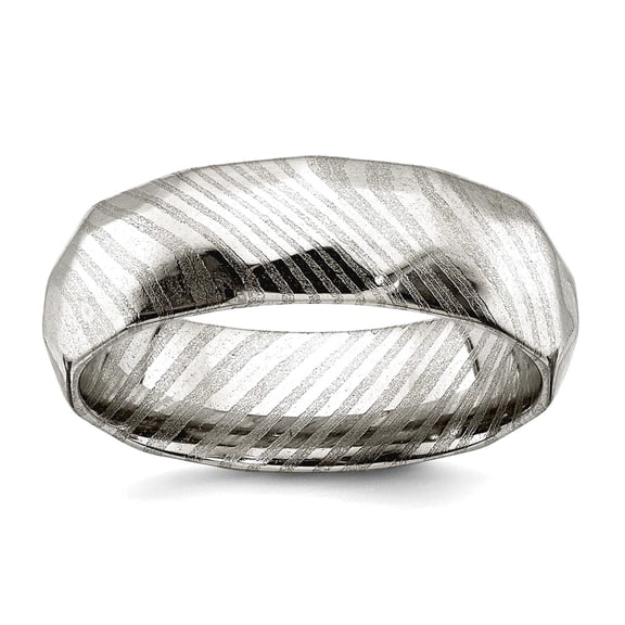 Damascus Steel Polished Faceted 7mm Band Size 9 Ring for Women and Men - 5.7 Grams