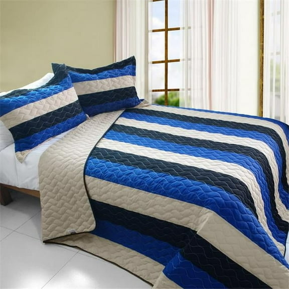 Sea Waves - 3 Pieces Vermicelli-Quilted Patchwork Quilt Set  Twin Size - Blue