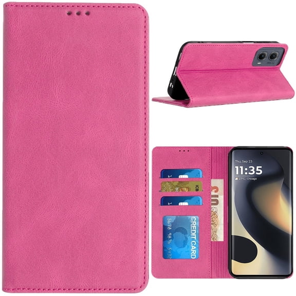 TJS for Motorola Moto Edge 5G 2024 Phone Case, PU Vegan Leather ID Card Holder Folio Flip Wallet Cover with Magnetic Closure for Moto Edge 5G 2024 (Pink)