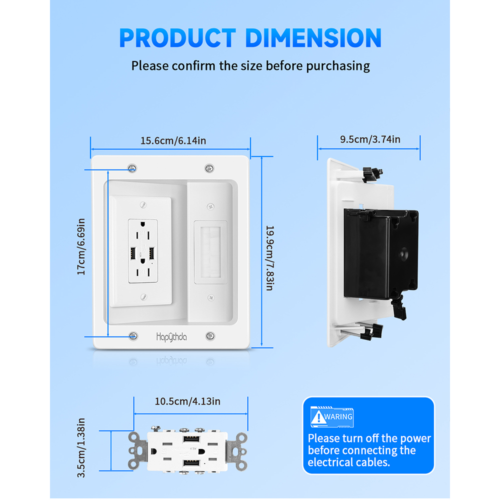 in Wall Cable Management Kit for TV, Recessed Outlet with 2 AC & 2 USB, TV Cable Hider Wall Kit, Wall Cable Management for Low Voltage, TV Cord Hider for Wall Mounted TV, White