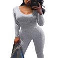 thumbnail image 2 of Women Long Jumpsuit Solid Color Long Sleeve U Neck Slim Bodysuit, 2 of 5