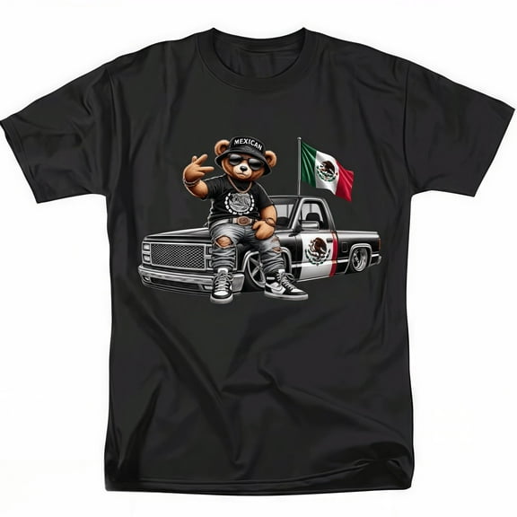 HAGBDH Mens Mexican Bear  Tee Top Black S-5XL Truck Flag Graphic Fathers Day Gift 100%Cotton Casual Comfortable