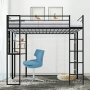 Twin Size Loft Bed with Desk and Shelves for Adult, Metal Bed Frame with Two Build-in Ladders -Length Guardrail, Noise Free, Space-Saving Design, No Box Spring Needed