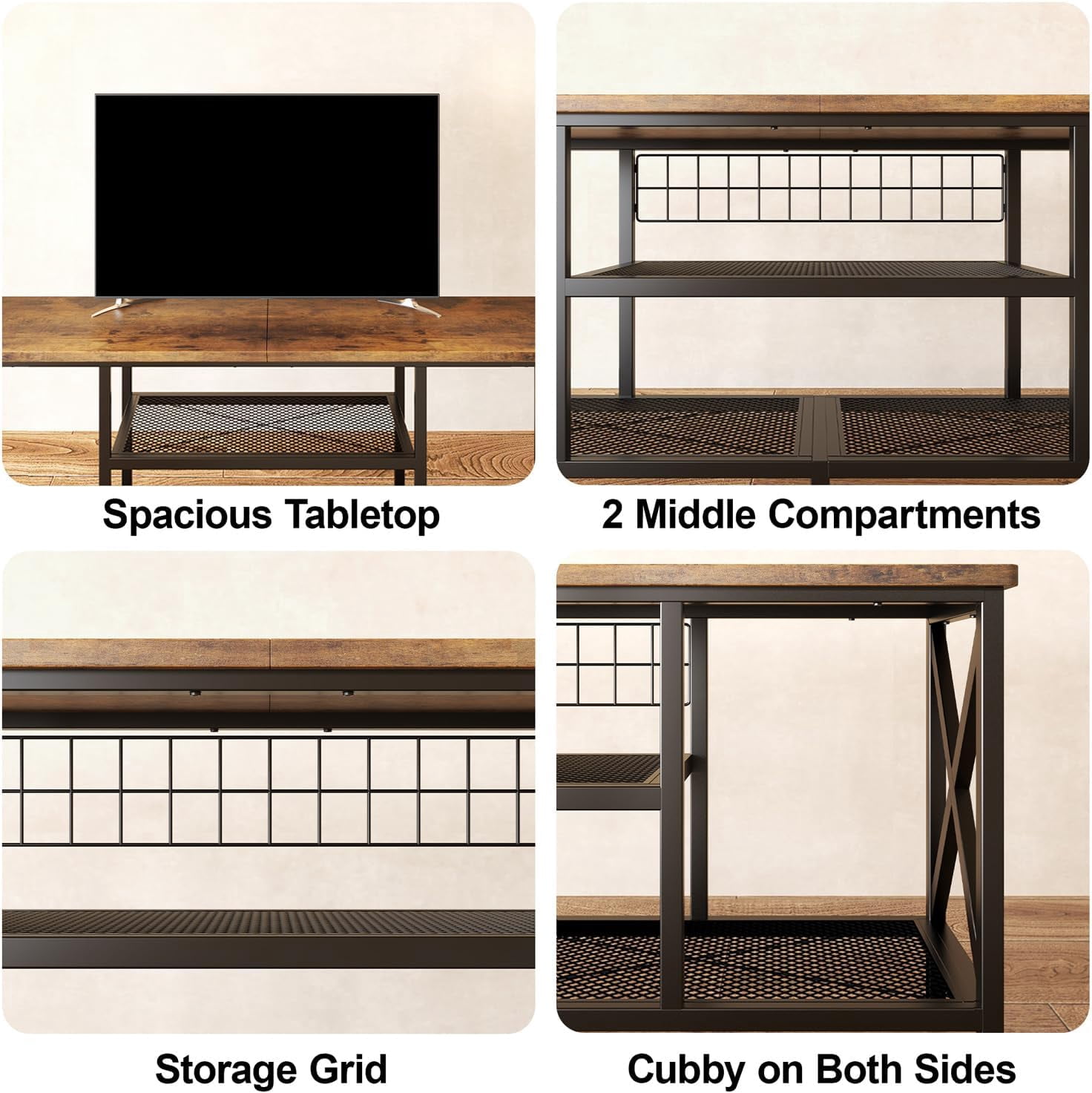 65 Inch TV Stand, 3-Tier Entertainment Center with Open Shelves, Lofka Sofa Table with Metal Frame for Living Room, Bedroom, Office, Rustic Brown(Soporte de TV)