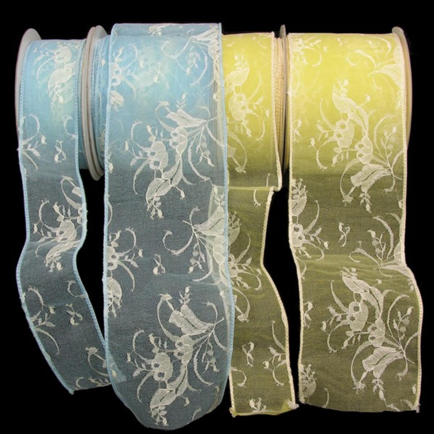 Light Blue Floral Lace Wired Craft Ribbon 4" x 20 Yards